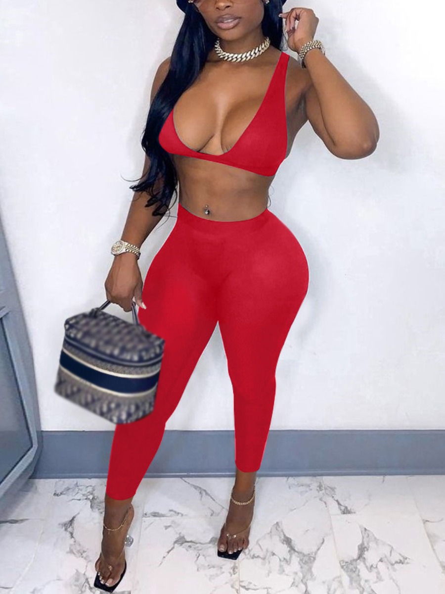 

Lovely Sexy U Neck Basic Skinny Red Two Piece Pants Set