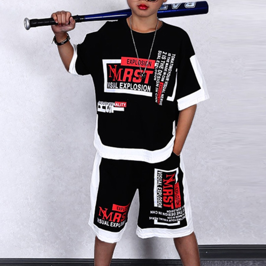 

Lovely Boy Street Letter Print Patchwork Black Two Piece Shorts Set