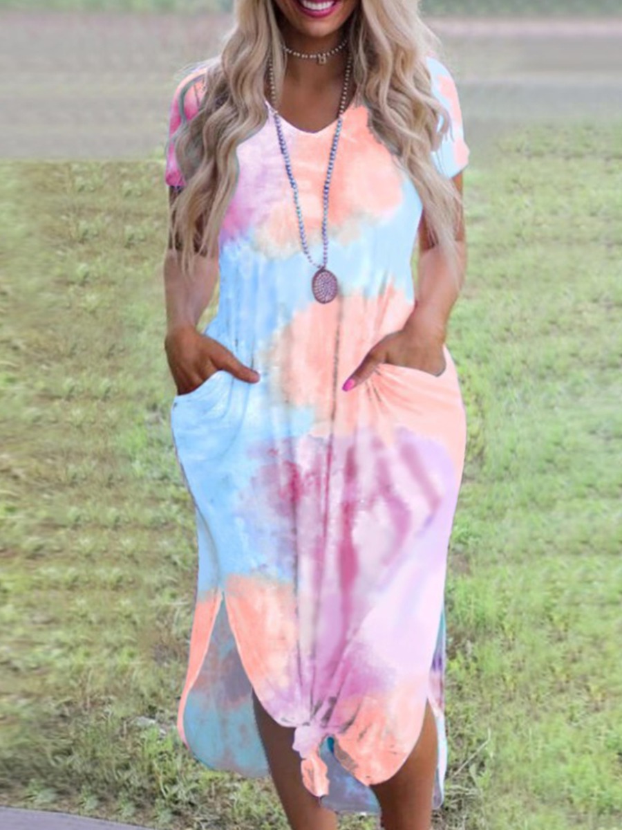 

Lovely Plus Size Street Tie-dye Split Pink Knee Length Dress
