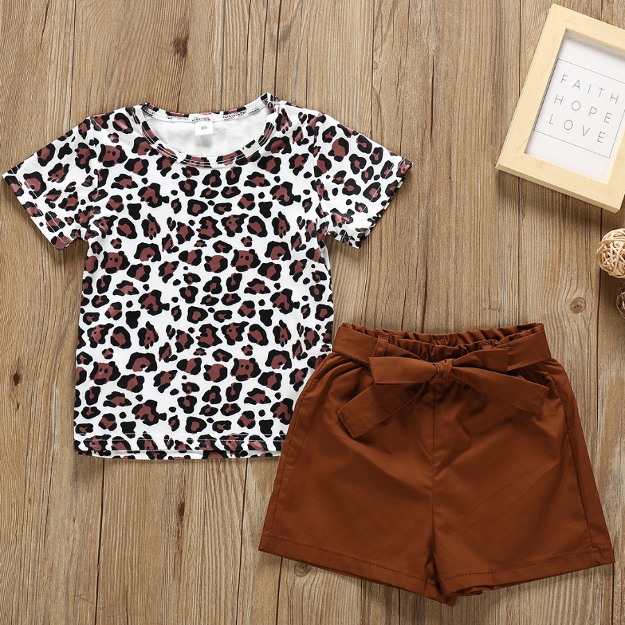

Lovely Girl Casual Leopard Print Bow-tie Decoration Two Piece Shorts Set