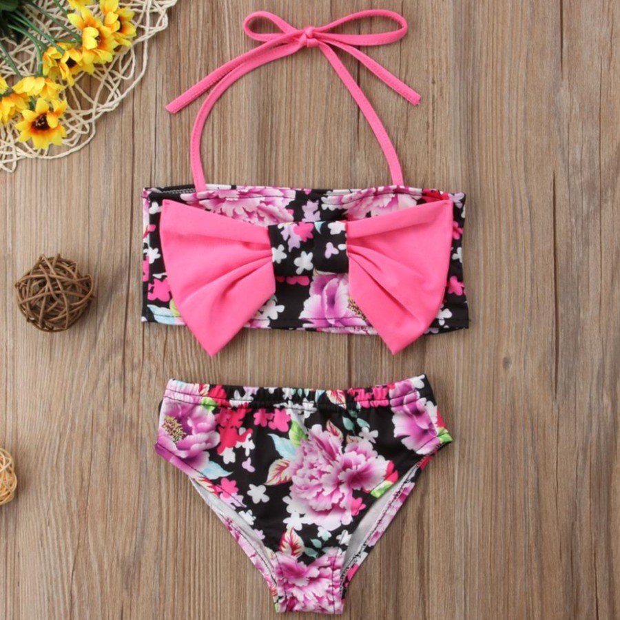

LW Girl Sweet Floral Print Bow-tie Decoration Pink Two-piece Swimsuit