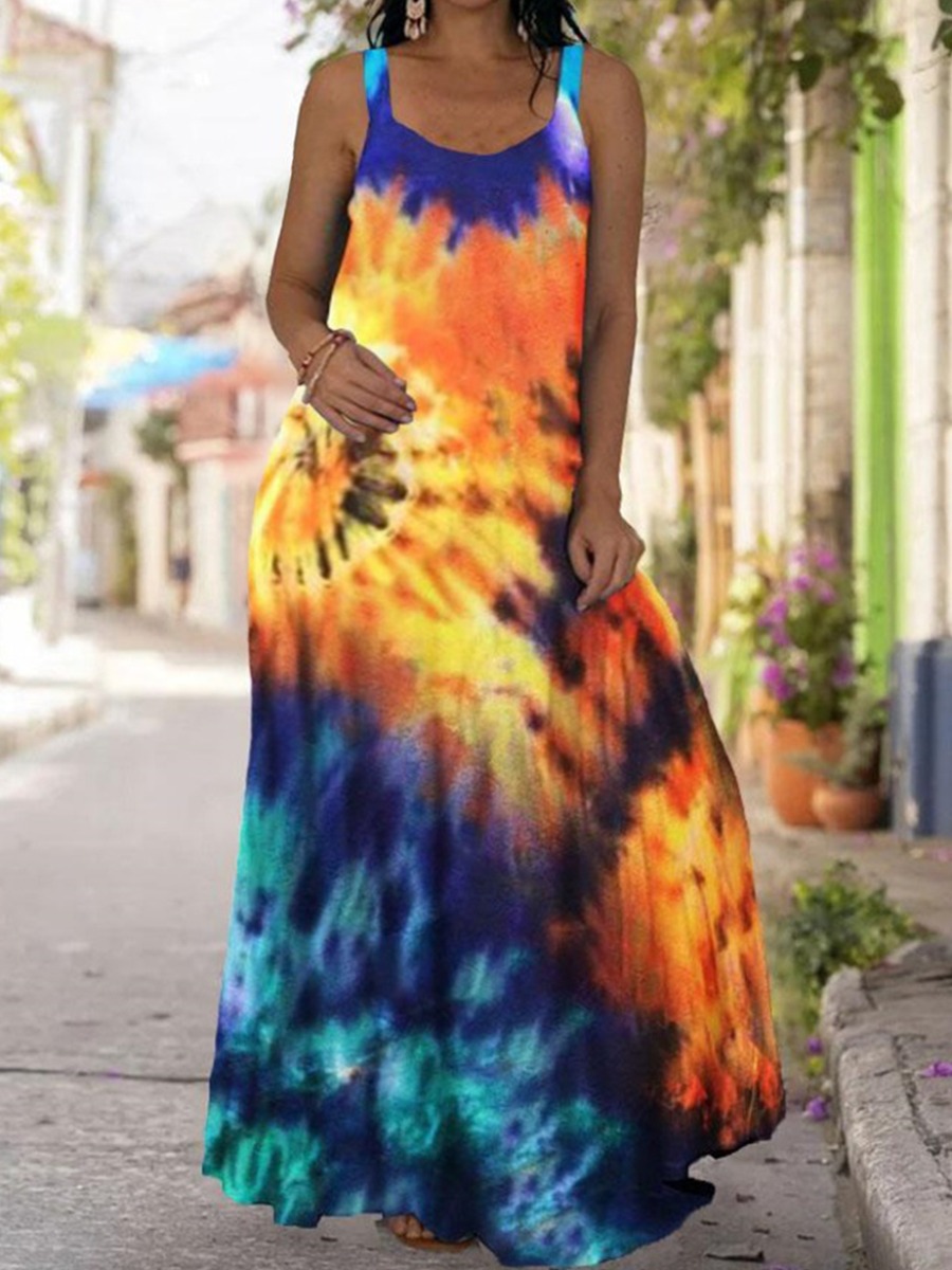 

Lovely Plus Size Boho U Neck Tie-dye Multicolor Floor Length Dress, Multi