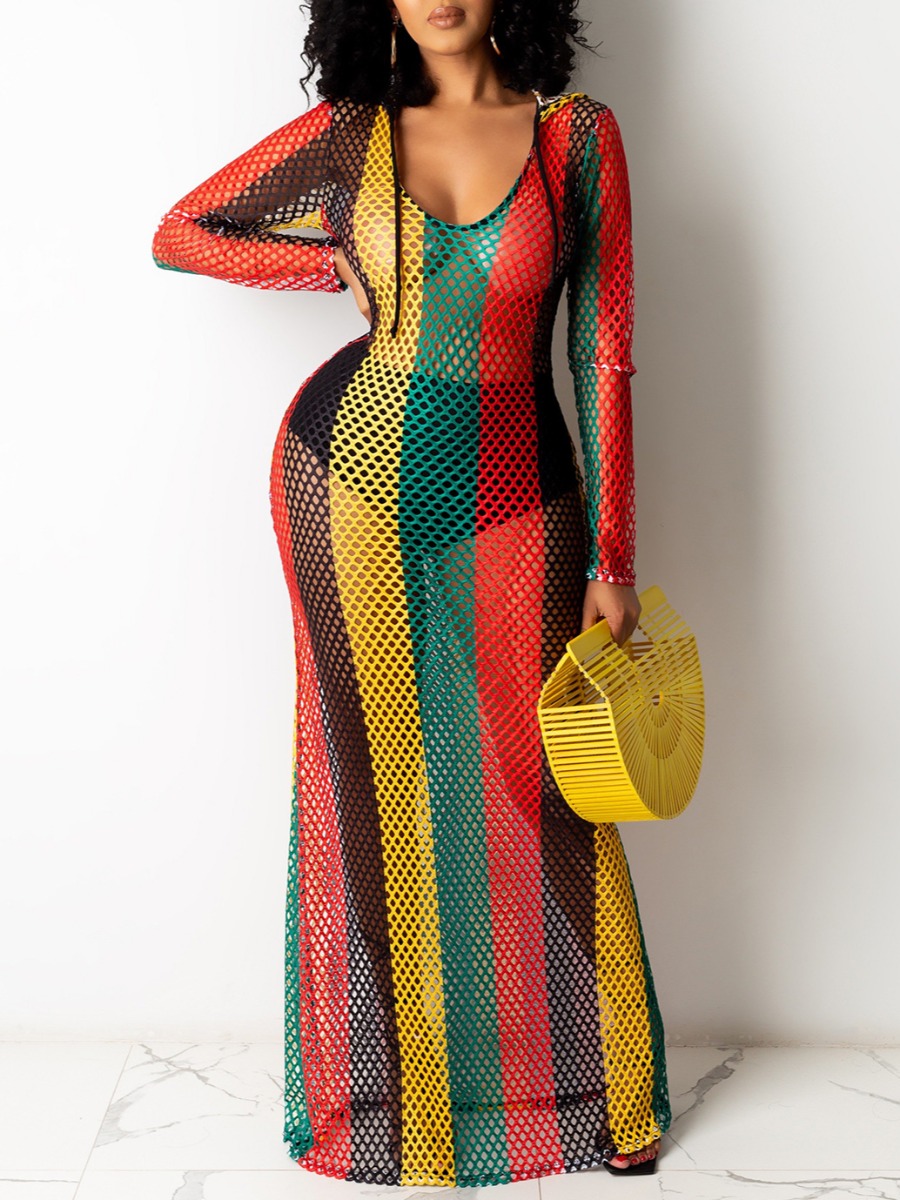 

Lovely Boho Hooded Collar Striped Hollow-out Multicolor Cover-up, Multi