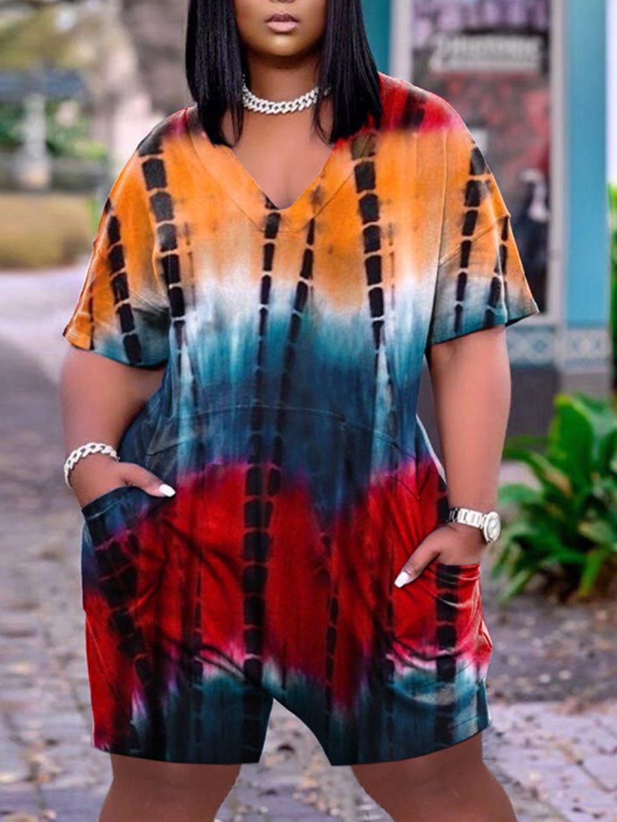 

Lovely Street V Neck Tie-dye Orange One-piece Romper