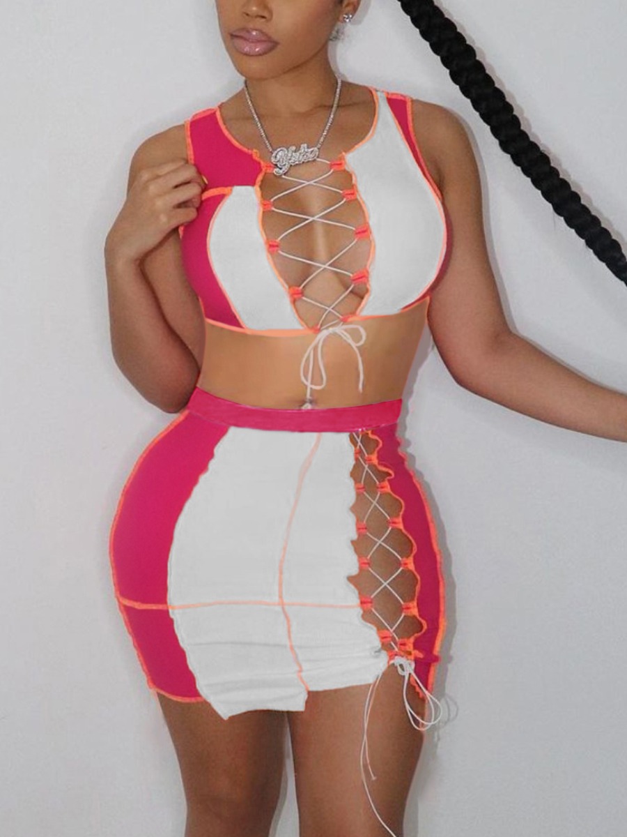 

Lovely Sexy Bandage Hollow-out Design White Two Piece Skirt Set