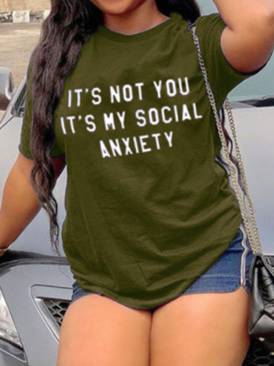 

Lovely Plus Size Casual O Neck Letter Print Green T-shirt