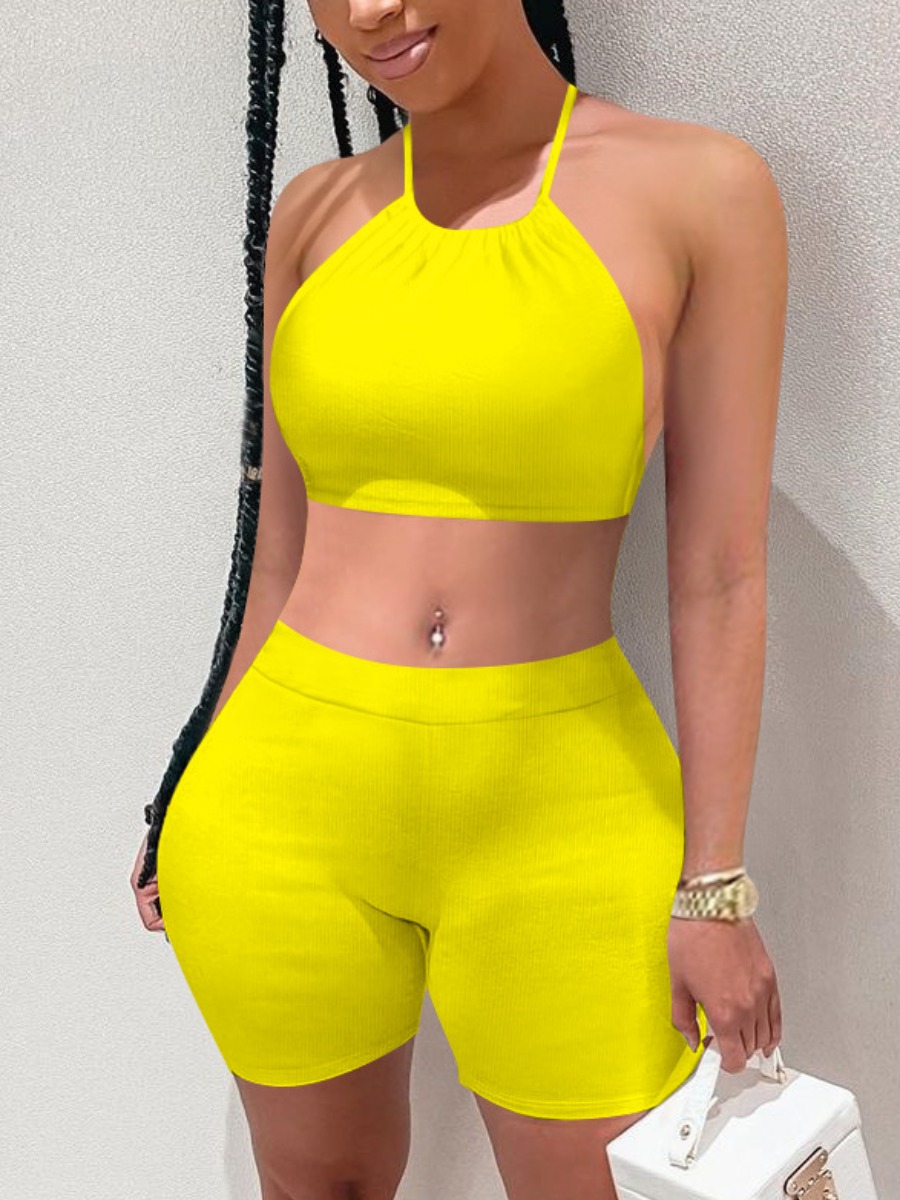 

Lovely Sporty Backless Basic Skinny Yellow Two Piece Shorts Set