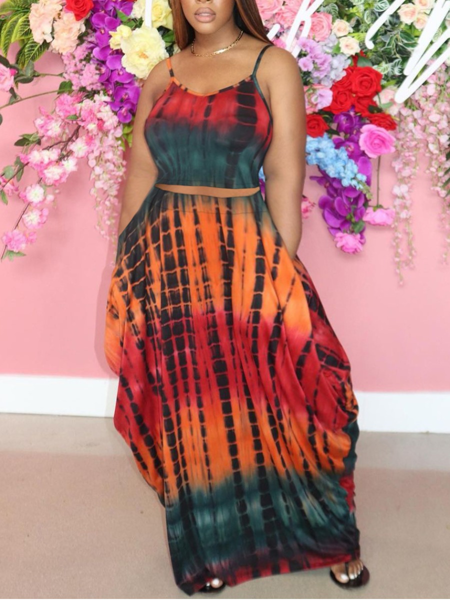 

Lovely Boho Tie Dye Pocket Design Red Two Piece Skirt Set