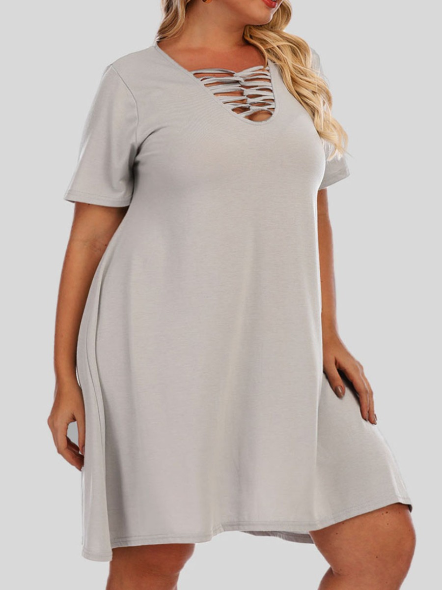 

Lovely Plus Size Casual V Neck Hollow-out Grey Knee Length Dress