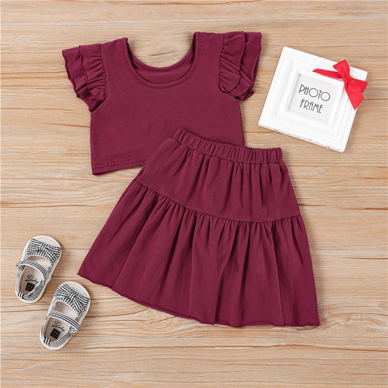 

Lovely Girl Casual O Neck Flounce Design Wine Red Two Piece Skirt Set