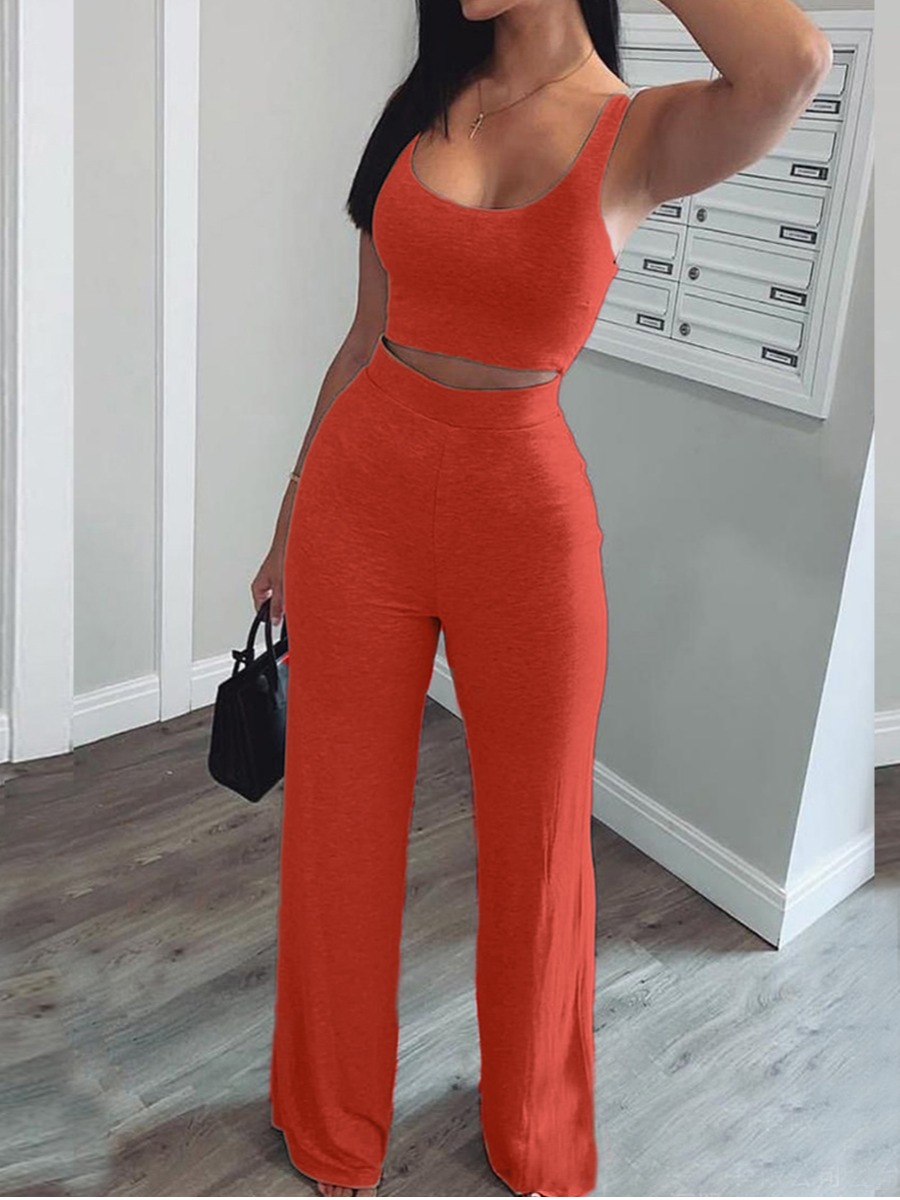 

LW Sportswear U Neck Basic Red Two Piece Pants Set