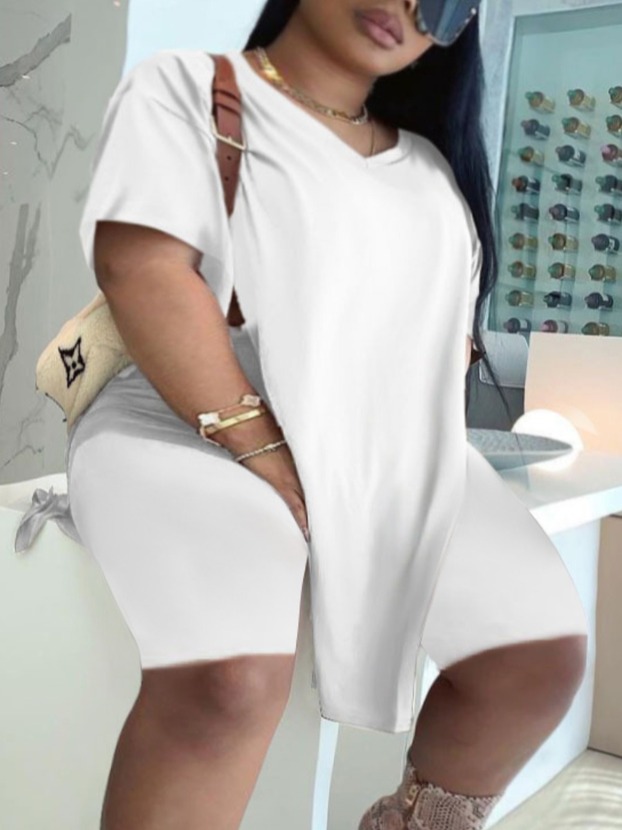 

LW BASICS Plus Size Casual V Neck Split White Two-piece Shorts Set