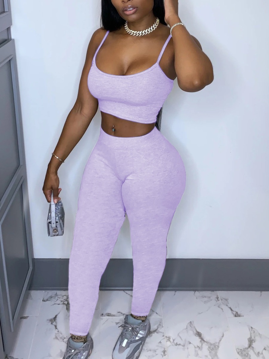 

Lovely Sporty U Neck Elastic Light Purple Yoga Two Piece Pants Set