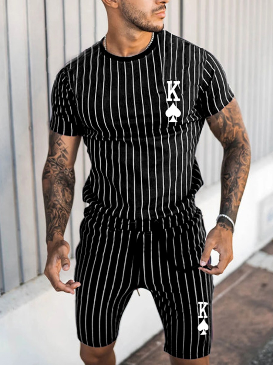 

Lovely Men Casual Letter Print Striped Black Two Piece Shorts Set