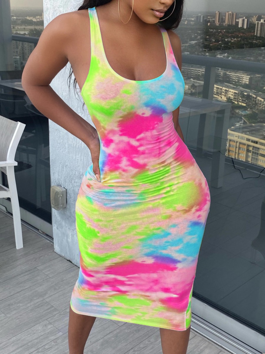 

LW Casual U Neck Tie-dye Rose Red Knee Length Dress