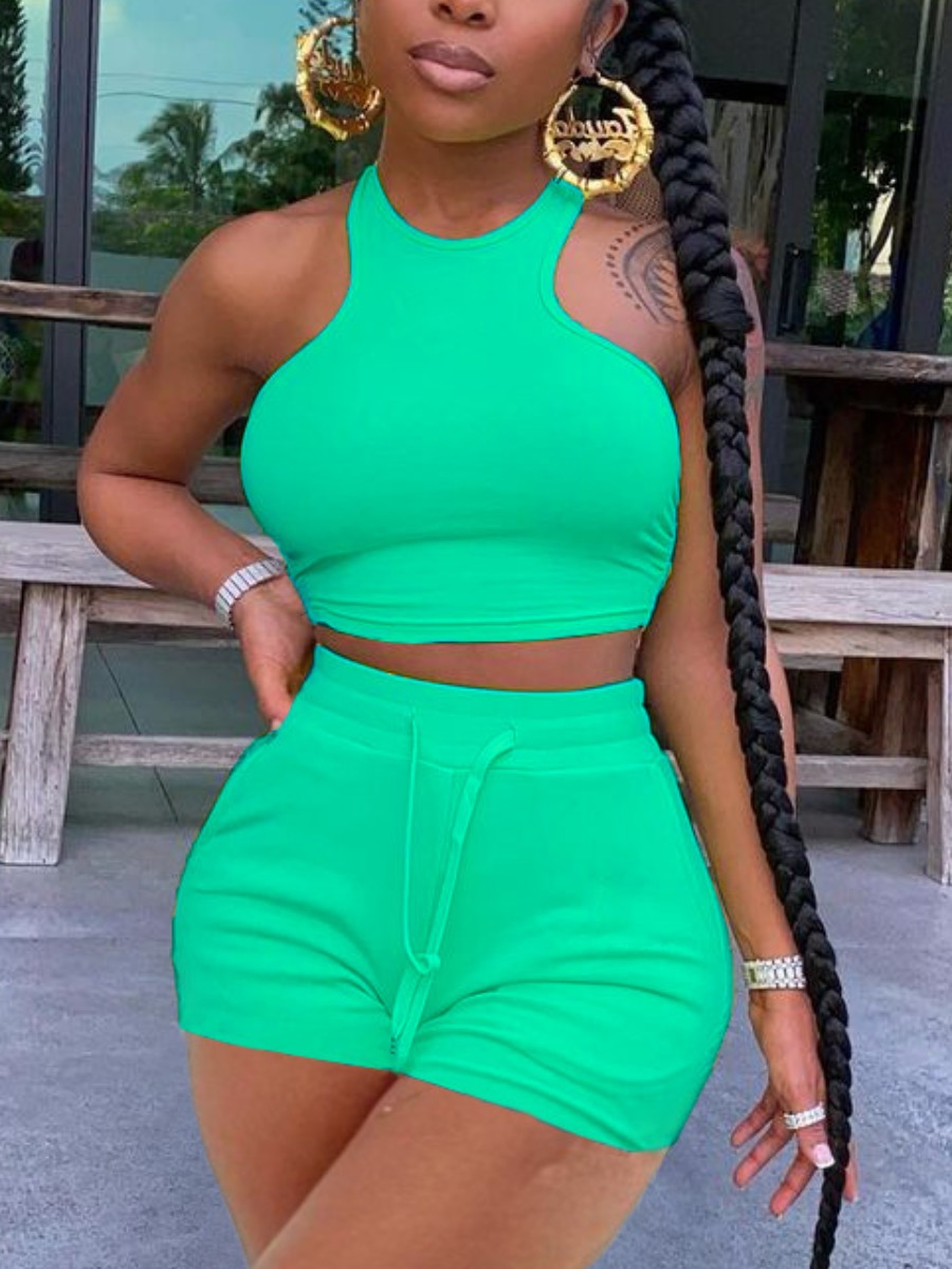 

LW Street O Neck Drawstring Cyan Two Piece Shorts Set