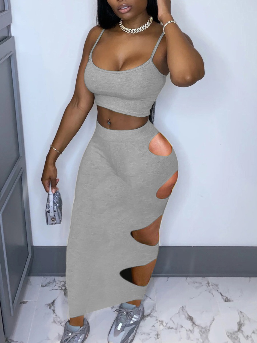 

Lovely Street U Neck Hollow-out Grey Two Piece Skirt Set
