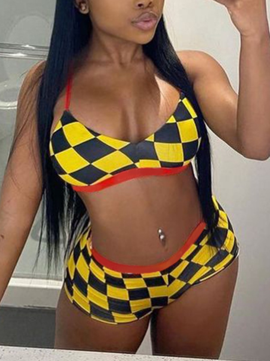 

Lovely Boho Plaid Print Patchwork Yellow Two-piece Swimsuit