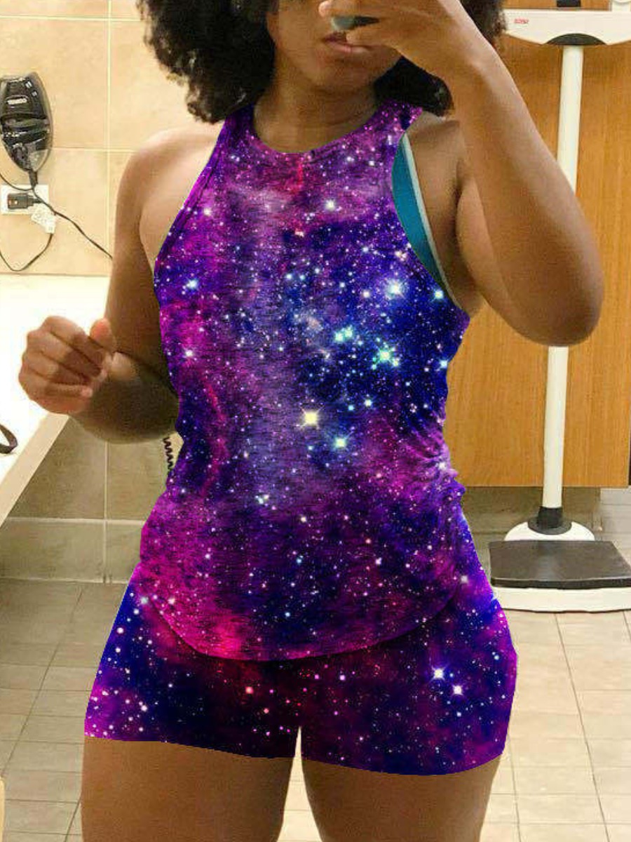 

LW Sporty O Neck Starry Sky Print Purple Two Piece Shorts Set