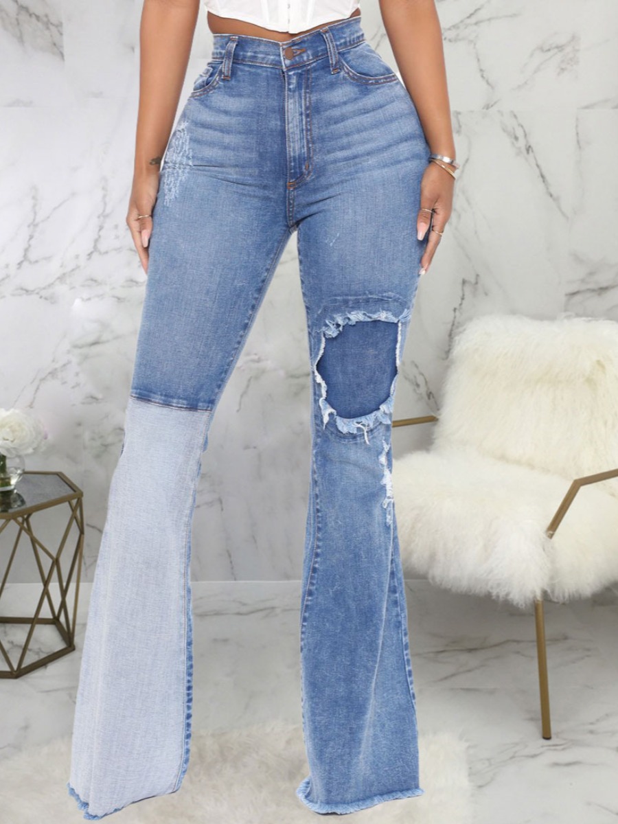 

Lovely Casual High-waisted Ripped Flared Blue Jeans