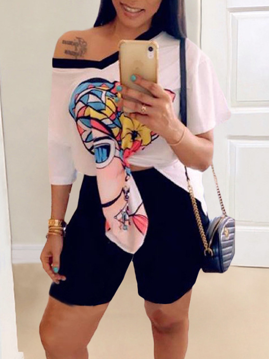 

Lovely Street Graffiti Print Split Black Two Piece Shorts Set