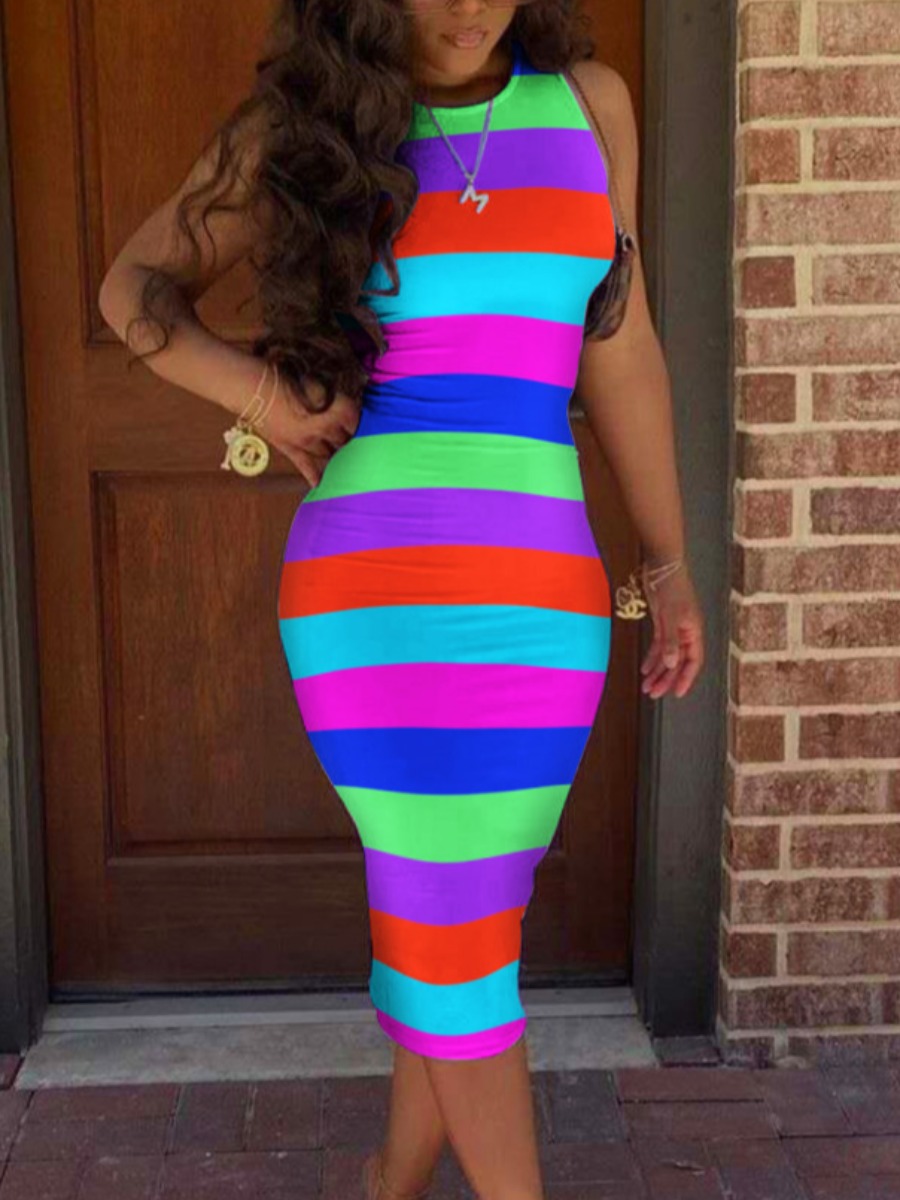 

Lovely Casual O Neck Striped Multicolor Mid Calf Dress, Multicolor stripe