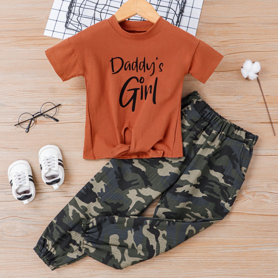 

LW COTTON Girl Casual Letter Camo Print Brown Two Piece Pants Set
