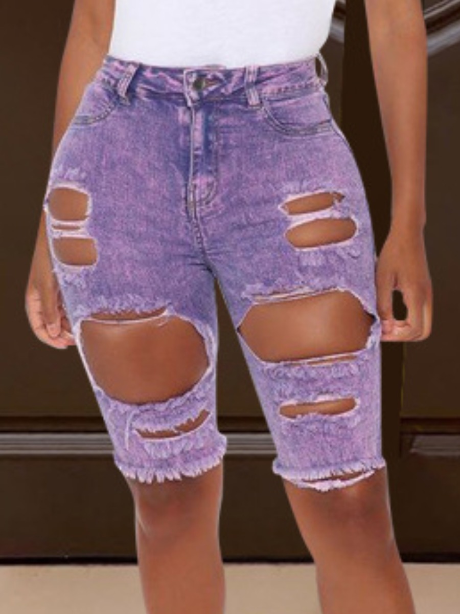 

Lovely Casual High-waisted Ripped Purple Denim Shorts