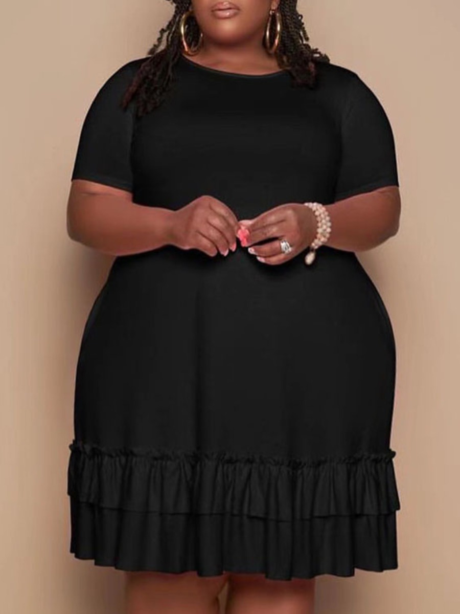 

Lovely Plus Size Casual O Neck Flounce Design Black Knee Length Dress