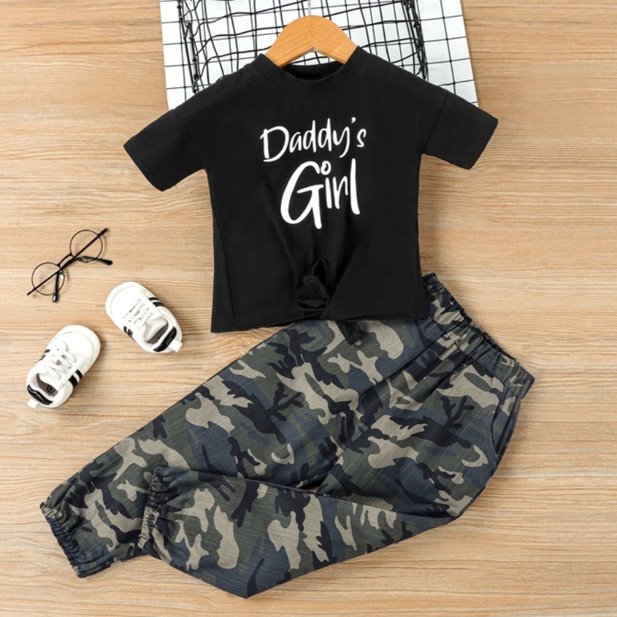 

Lovely Girl Casual Letter Camo Print Black Two Piece Pants Set