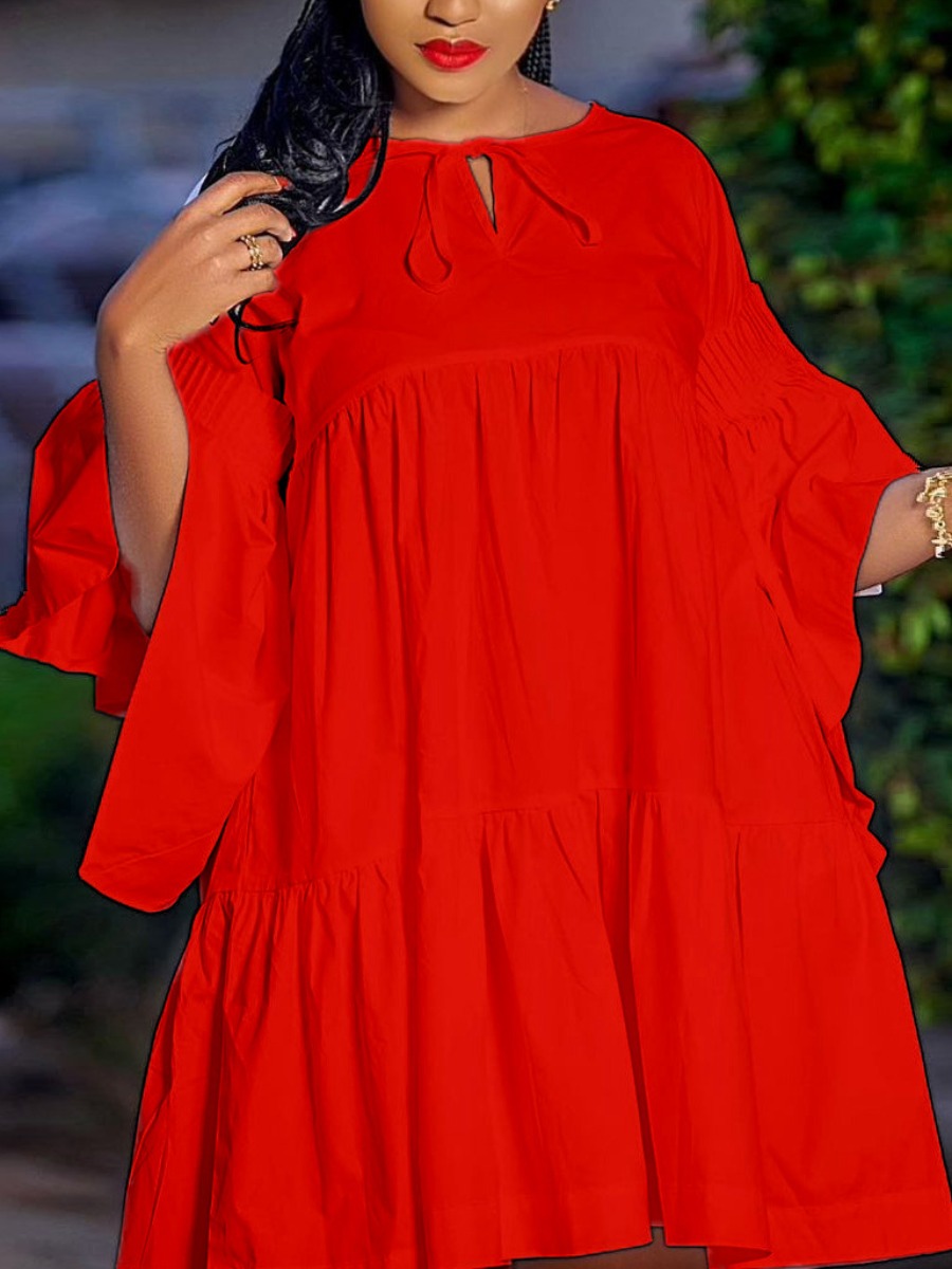 

Lovely Plus Size Casual Flared Flounce Design Red Mini Dress