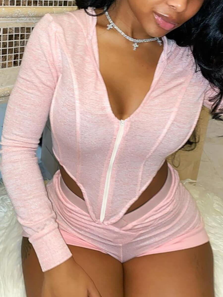 

LW Casual Hooded Collar Asymmetrical Pink Two Piece Shorts Set