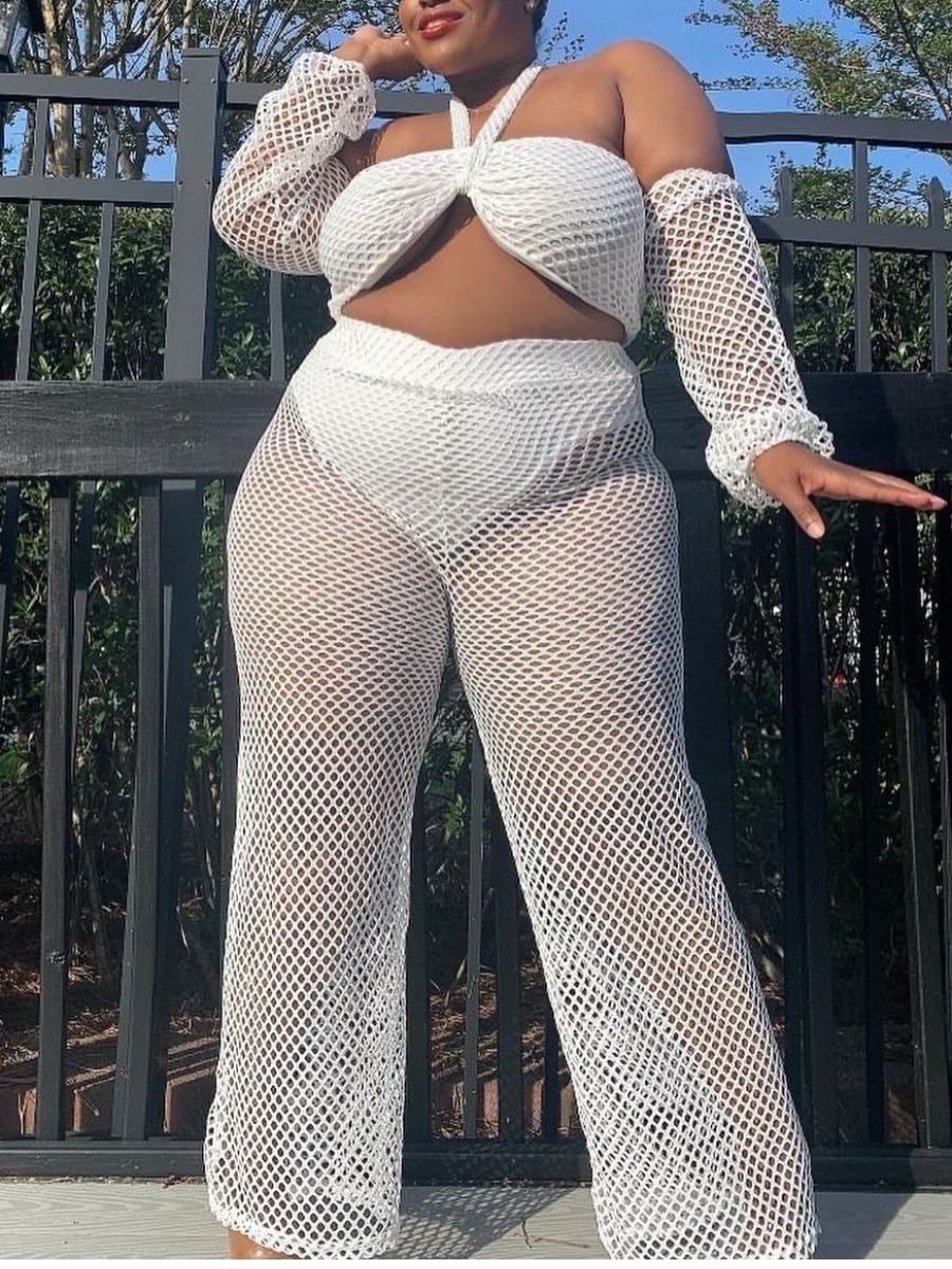 

LW SXY Plus Size Backless Hollow-out White Two-piece Pants Set