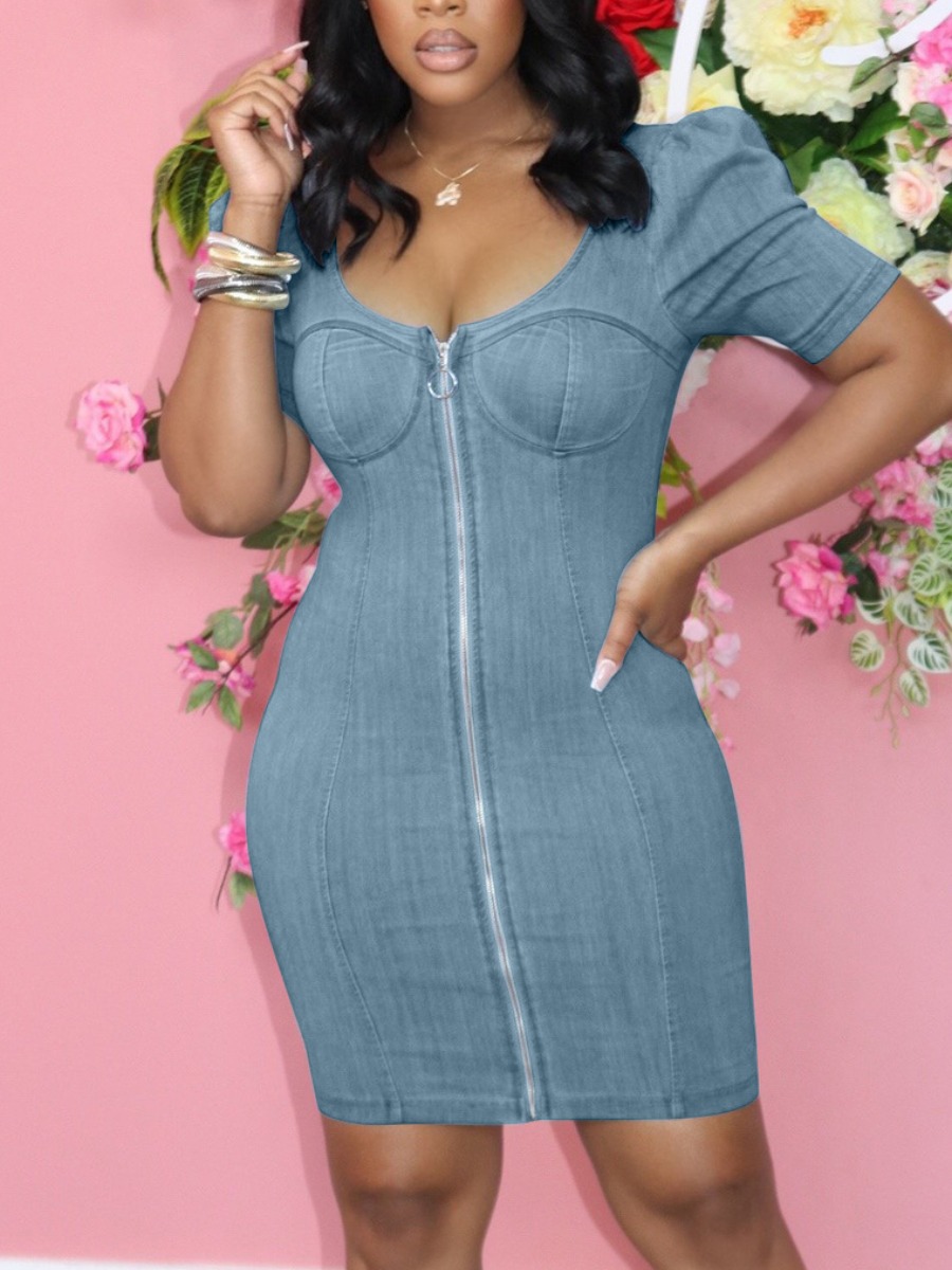 

Lovely Street Zipper Fold Design Baby Blue Mini Denim Dress