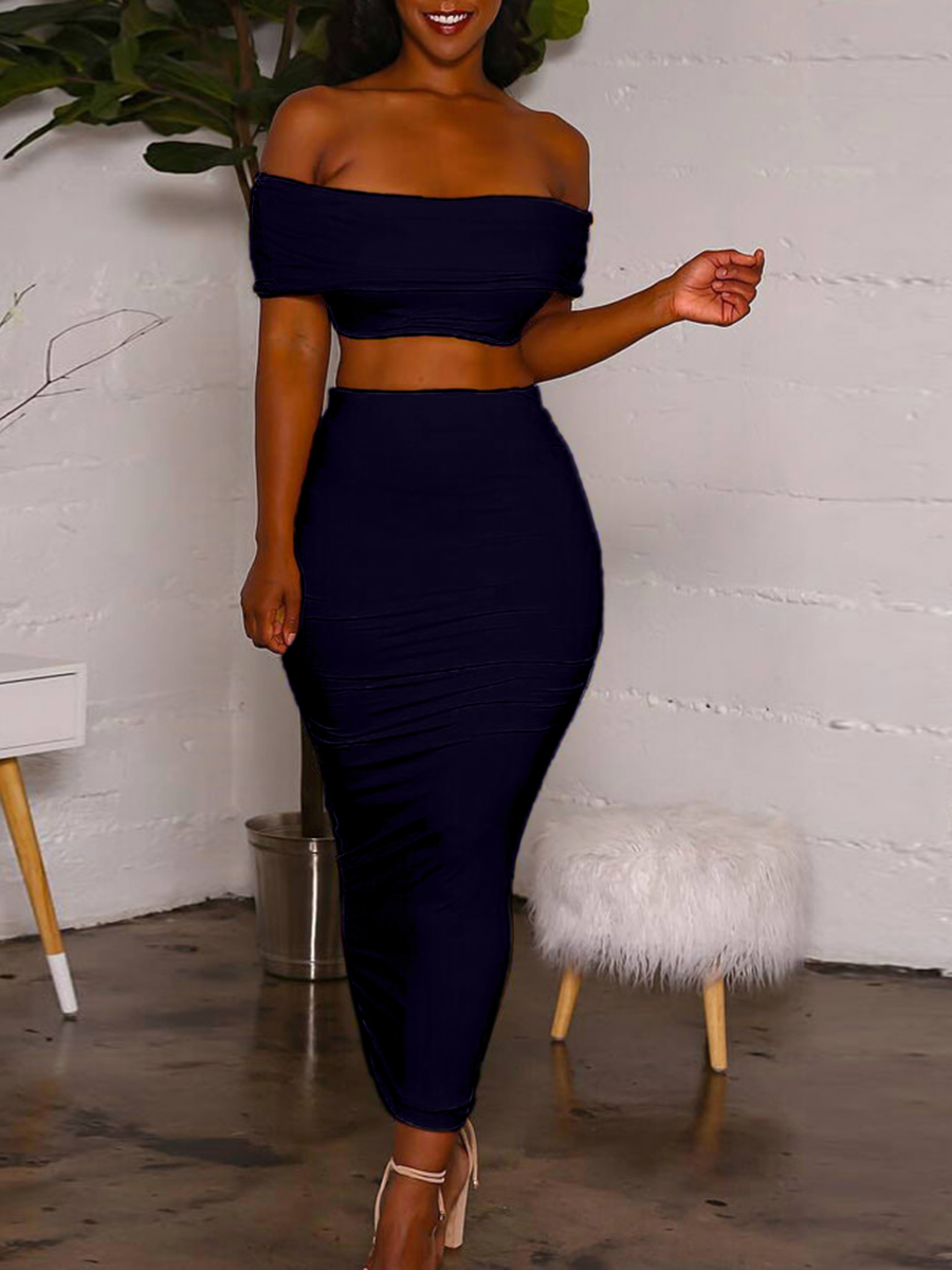 

Lovely Casual Off The Shoulder High-waisted Deep Blue Two Piece Skirt Set