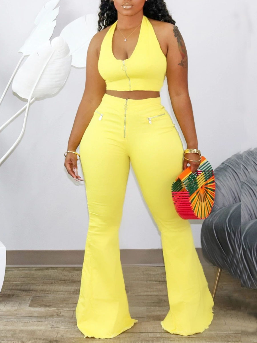 

LW Casual Bandage Design Flared Yellow Two Piece Pants Set