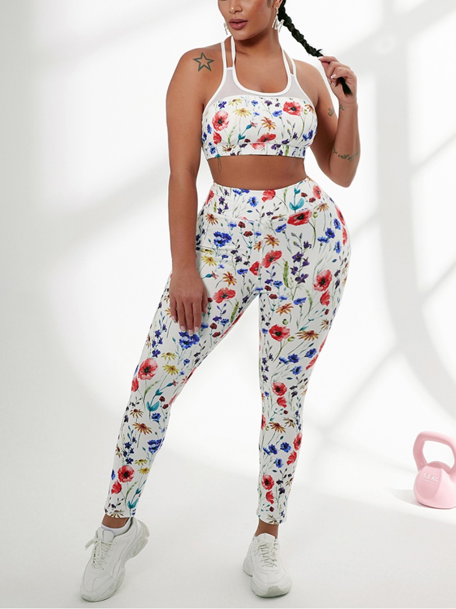 

Lovely Sporty U Neck Floral Print White Two Piece Pants Set