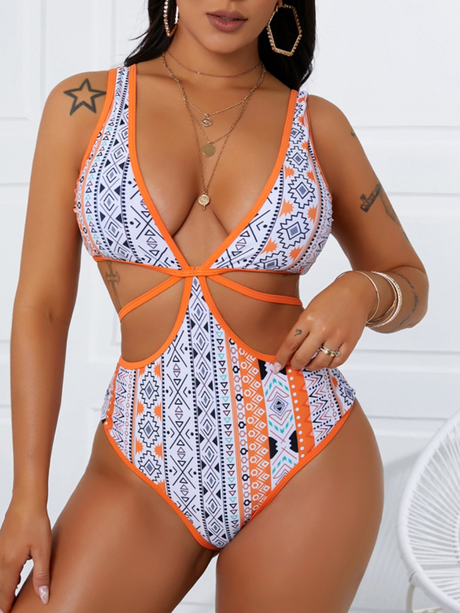 

Lovely Boho Geometric Print Hollow-out Orange One-piece Swimsuit