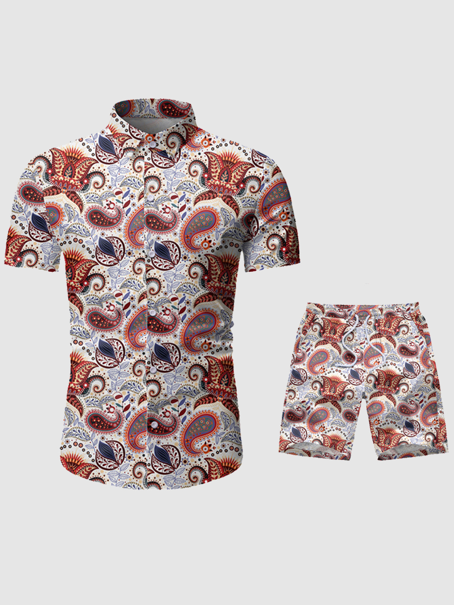 

Lovely Men Boho Chain Print Drawstring White Two Piece Shorts Set