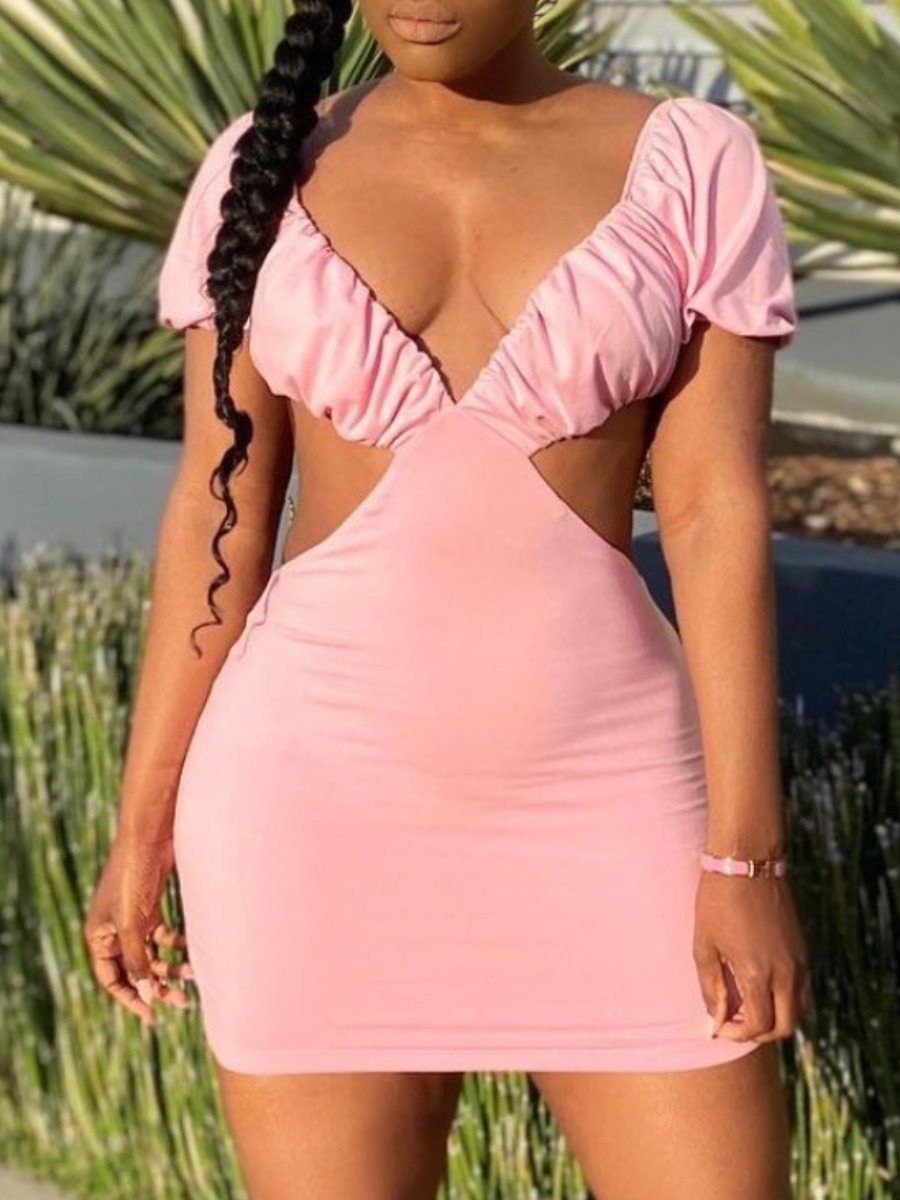 

LW SXY Hollow-out Fold Design Pink Mini Dress