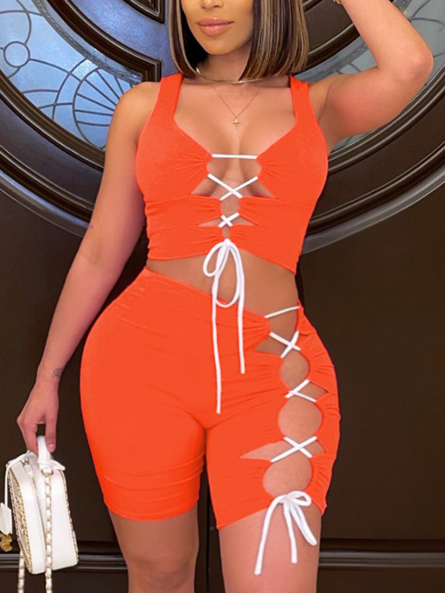 

Lovely Plus Size Sexy Bandage Hollow-out Design Croci Two-piece Shorts Set