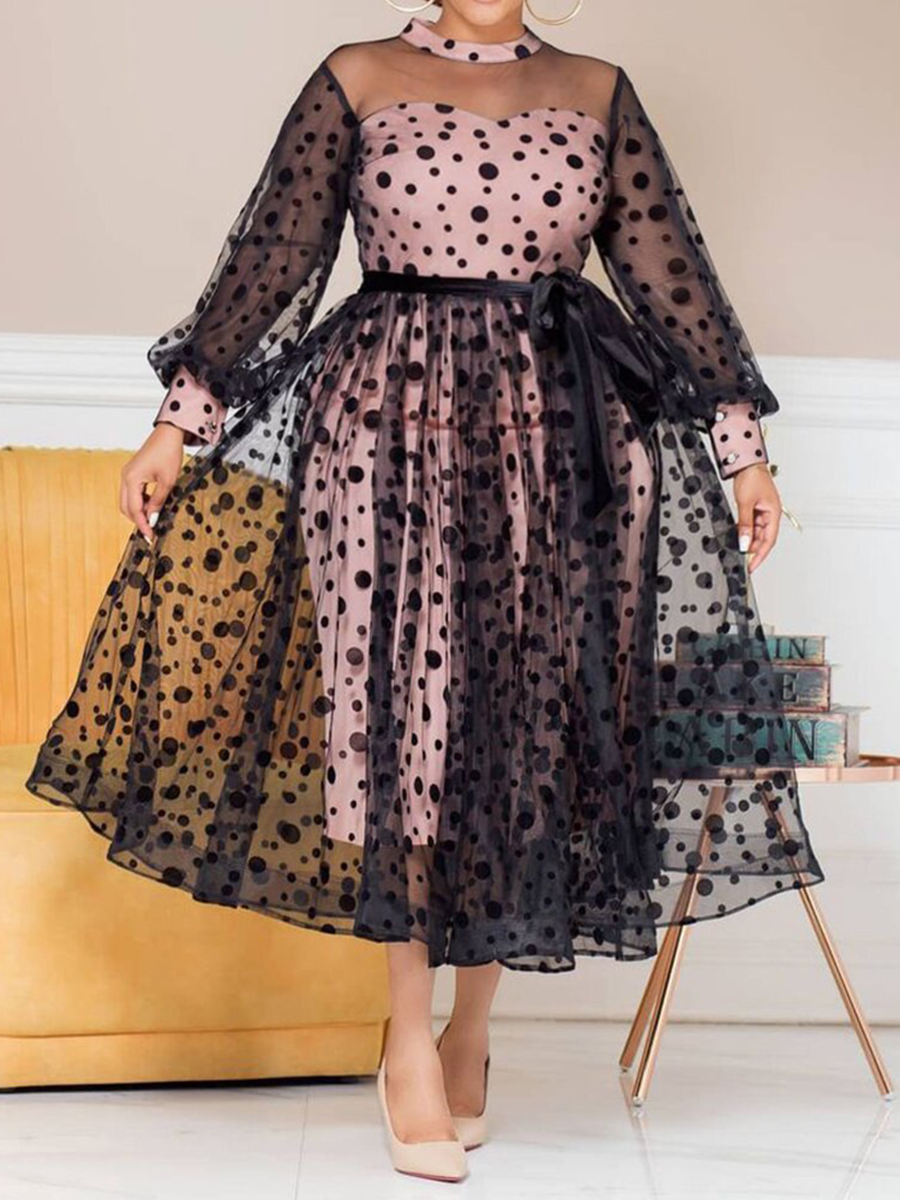 

Lovely Plus Size Elegant Mesh Flounce Design Black Mid Calf Dress