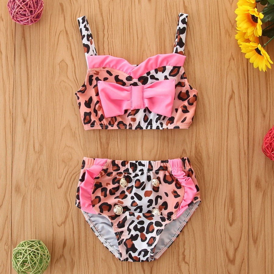 

Lovely Sweet Leopard Print Bow-tie Decoration Pink Two-piece Swimsuit
