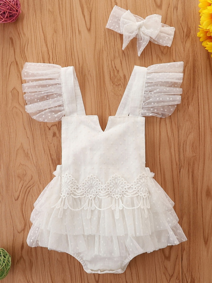 

Lovely Girl Sweet Mesh Flounce Design White Bodysuit