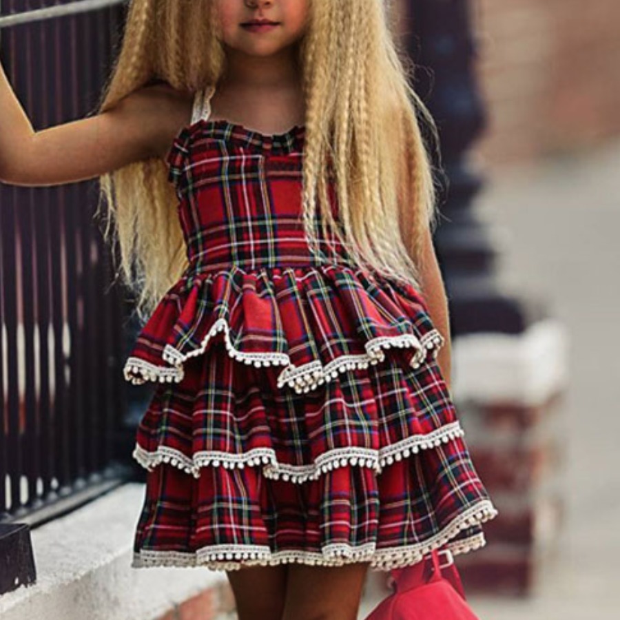 

Lovely Girl Street Plaid Print Layered Flounce Design Red Knee Length Dress