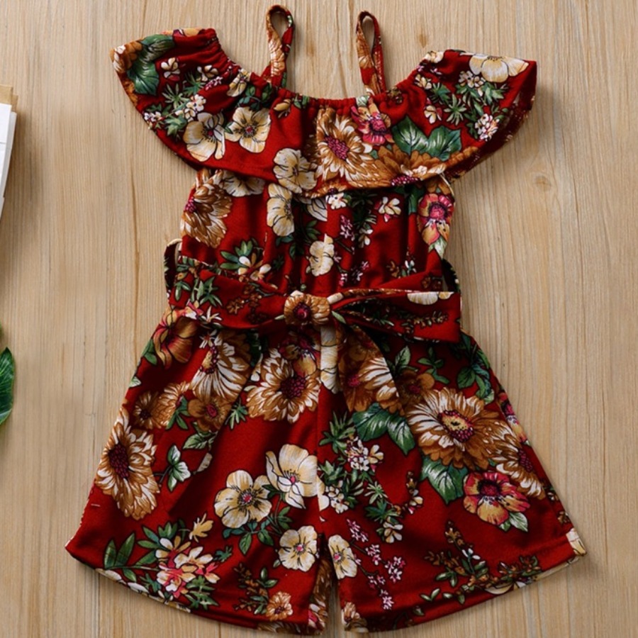 

Lovely Girl Sweet Floral Print Bandage Design Dull Red One-piece Romper