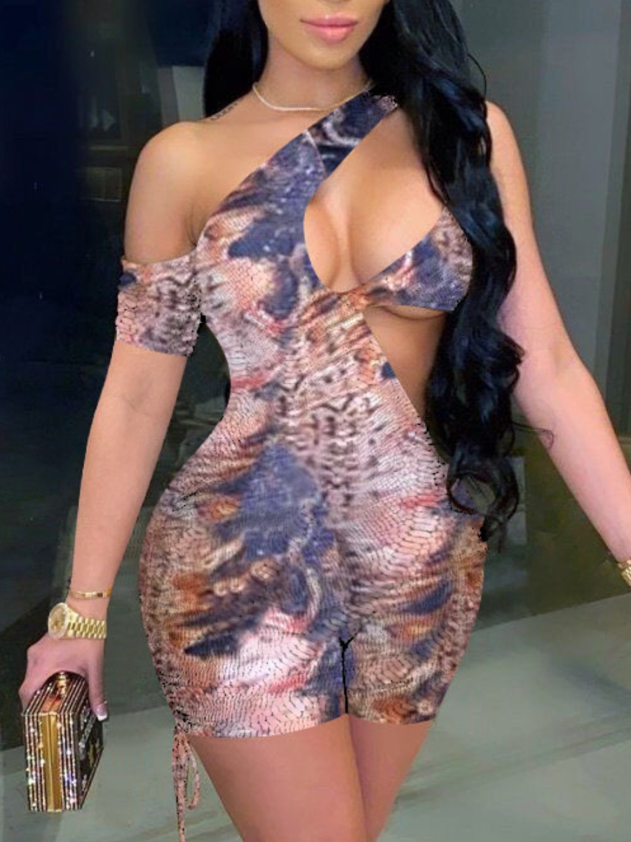 

Lovely Street Cobra Print Hollow-out Drawstring One-piece Romper