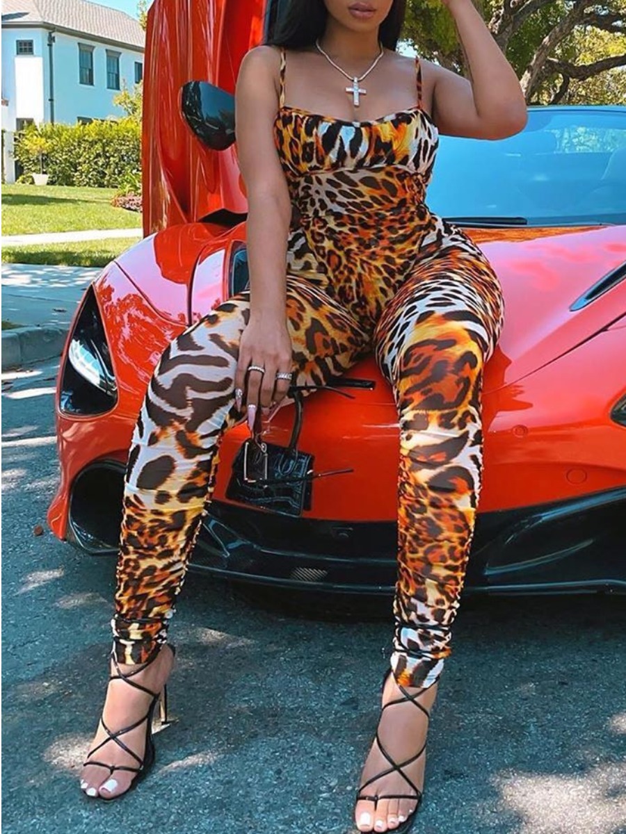

Lovely Street Leopard Print Basic Skinny Orange One-piece Jumpsuit