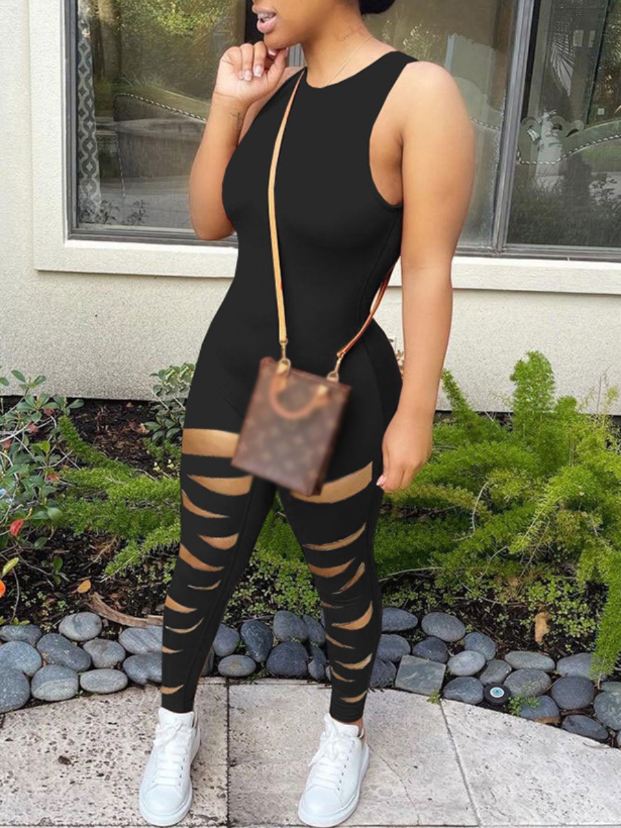 

Lovely Street O Neck Ripped Black One-piece Jumpsuit