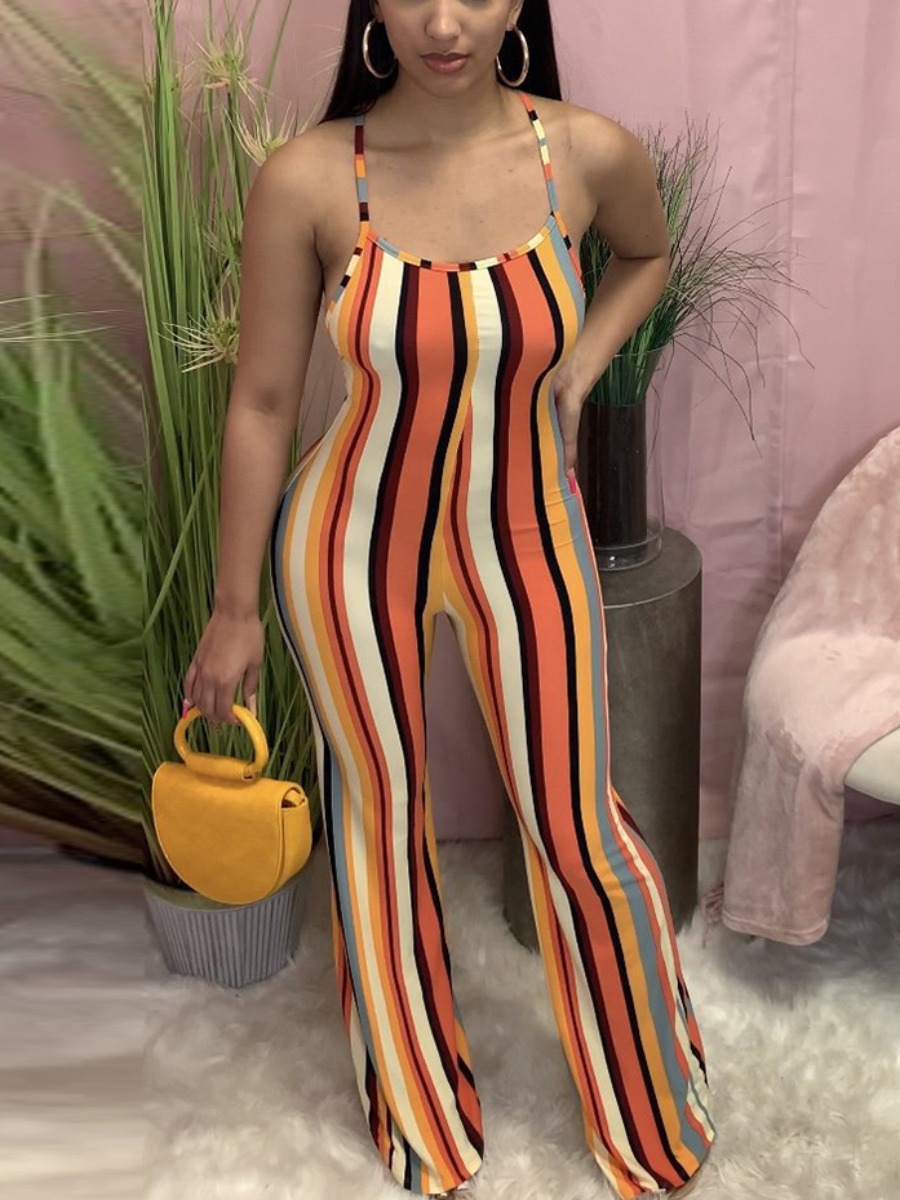 

Lovely Casual Backless Striped Orange One-piece Jumpsuit, Orange stripes